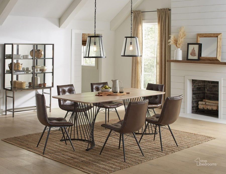 The appearance of Altus Natural Oak And Gunmetal Dining Room Set designed by Coaster in the modern / contemporary interior design. This black piece of furniture  was selected by 1StopBedrooms from Altus Collection to add a touch of cosiness and style into your home. Sku: 193531B1;193531B2;107853B1;107853B2. Table Base Style: Double Pedestal. Product Type: Dining Room Set. Material: MDF. Table Top Shape: Rectangular. Size: 37". Image1