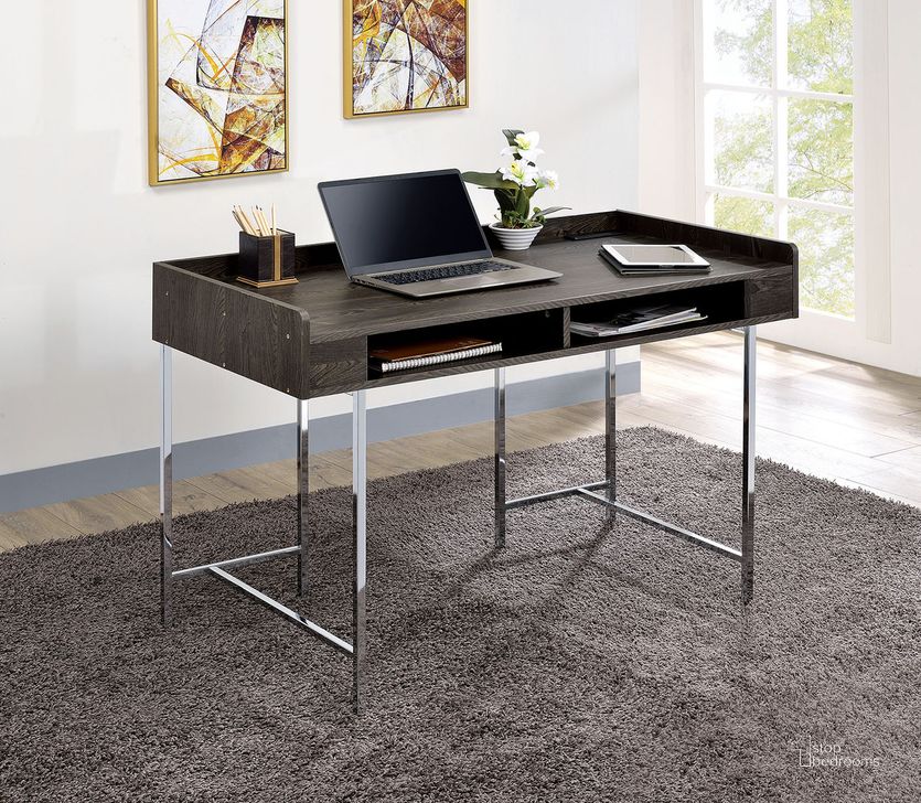 The appearance of Alvin Writing Desk In Brown and Chrome designed by Furniture of America in the modern / contemporary interior design. This brown and chrome piece of furniture  was selected by 1StopBedrooms from Alvin Collection to add a touch of cosiness and style into your home. Sku: CM-DK5241. Material: Metal. Product Type: Writing Desk. Image1