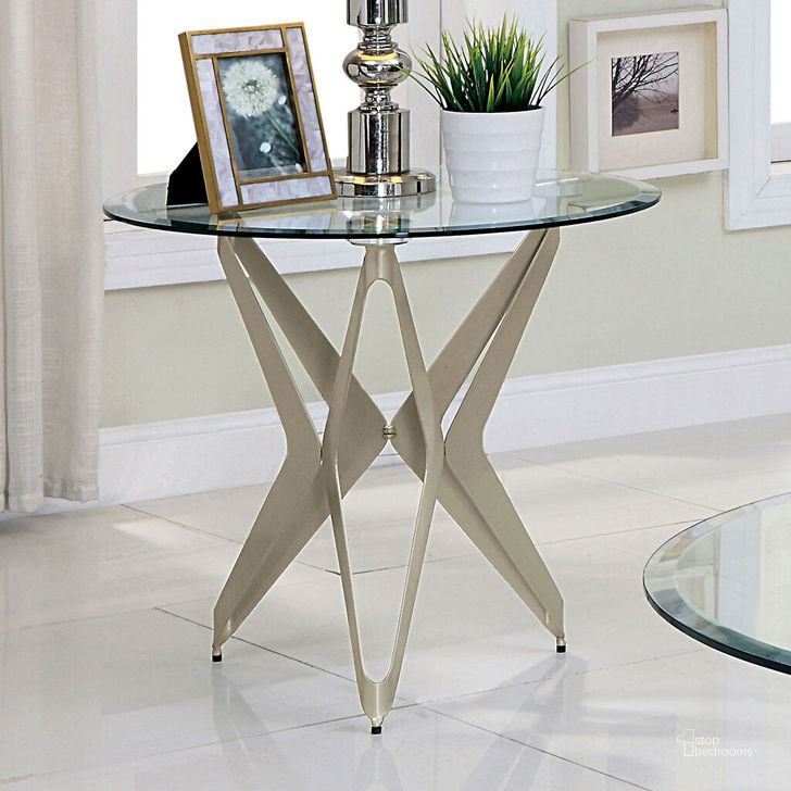 The appearance of Alvise End Table In Champagne designed by Furniture of America in the modern / contemporary interior design. This champagne piece of furniture  was selected by 1StopBedrooms from Alvise Collection to add a touch of cosiness and style into your home. Sku: CM4377E-1;CM4377E-2. Material: Steel. Product Type: End Table. Image1