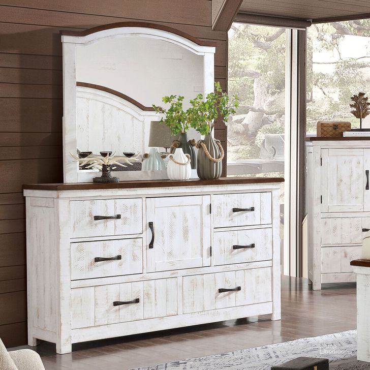The appearance of Alyson Dresser In Distressed White and Walnut designed by Furniture of America in the transitional interior design. This walnut and white piece of furniture  was selected by 1StopBedrooms from Alyson Collection to add a touch of cosiness and style into your home. Sku: CM7962D. Material: Wood. Product Type: Dresser. Image1