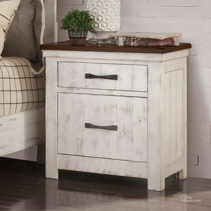 The appearance of Alyson Night Stand With Usb Plug In Distressed White and Walnut designed by Furniture of America in the transitional interior design. This walnut and white piece of furniture  was selected by 1StopBedrooms from Alyson Collection to add a touch of cosiness and style into your home. Sku: CM7962N. Material: Wood. Product Type: Nightstand. Image1