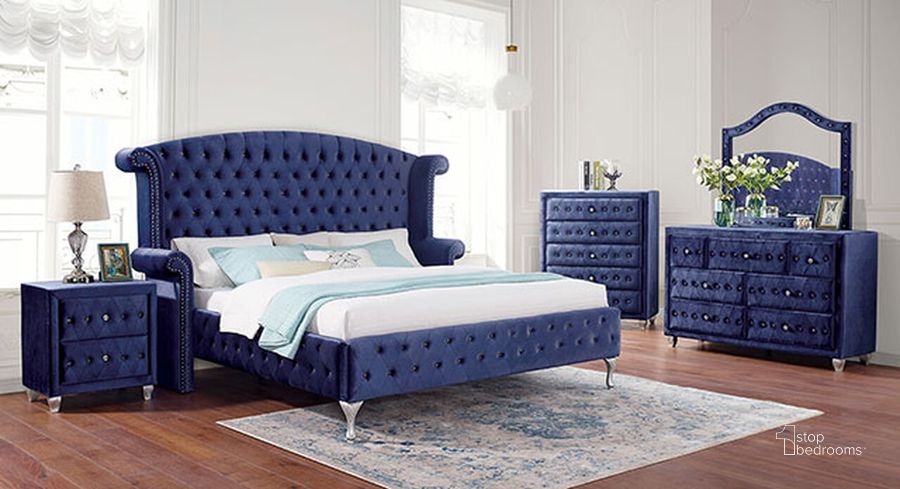 The appearance of Alzir California King Bed In Blue designed by Furniture of America in the glam interior design. This blue piece of furniture  was selected by 1StopBedrooms from Alzir Collection to add a touch of cosiness and style into your home. Sku: CM7150BL-CK-HB;CM7150BL-CK-FBR;CM7150BL-CK-W. Bed Type: Platform Bed. Material: Wood. Product Type: Platform Bed. Bed Size: California King. Image1