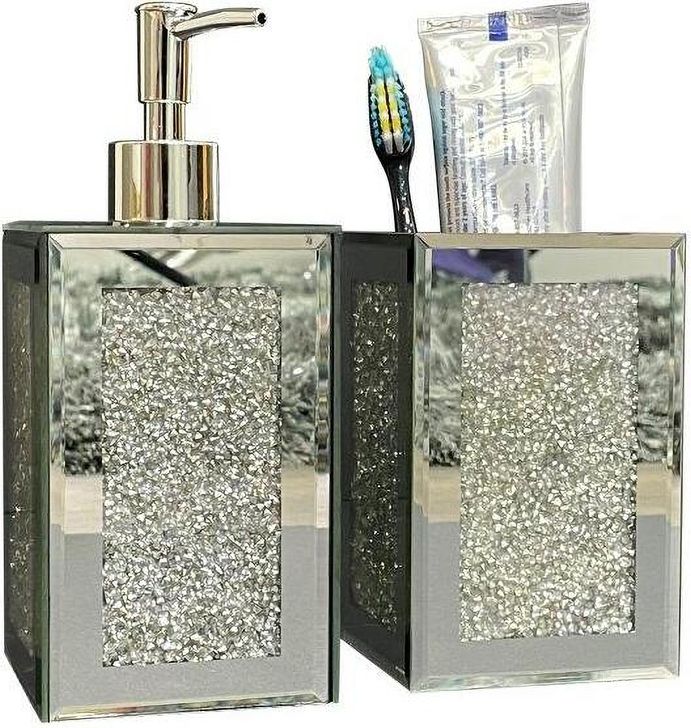 The appearance of Ambrose Exquisite 2 Piece Square Soap Dispenser And Toothbrush Holder BATHSETSQS1120 designed by Amazing Rugs in the modern / contemporary interior design. This silver piece of furniture  was selected by 1StopBedrooms from Ambrose Collection to add a touch of cosiness and style into your home. Sku: BATHSETSQS1120. Material: Glass. Product Type: Decor. Image1