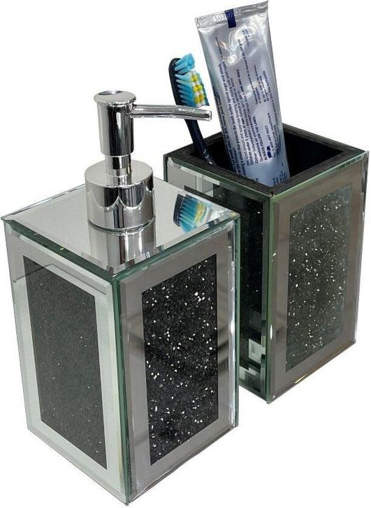The appearance of Ambrose Exquisite 2 Piece Square Soap Dispenser and Toothbrush Holder designed by Amazing Rugs in the modern / contemporary interior design. This black piece of furniture  was selected by 1StopBedrooms from Ambrose Collection to add a touch of cosiness and style into your home. Sku: BATHSETSQB1120. Material: Glass. Product Type: Decor. Image1