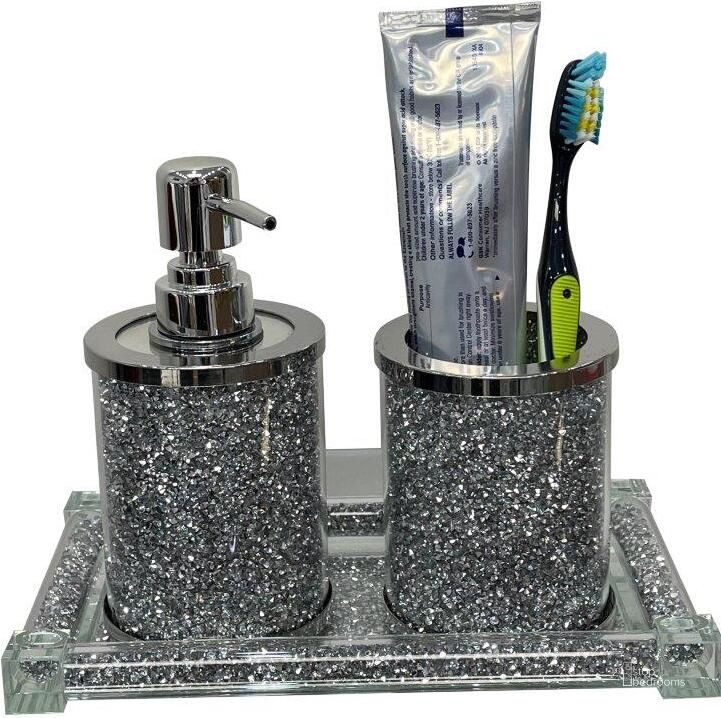The appearance of Ambrose Exquisite 3 Piece Soap Dispenser And Toothbrush Holder With Tray AR-55042ABC designed by Amazing Rugs in the modern / contemporary interior design. This silver piece of furniture  was selected by 1StopBedrooms from Ambrose Collection to add a touch of cosiness and style into your home. Sku: BATHSETRSTR1120. Material: Glass. Product Type: Decor. Image1