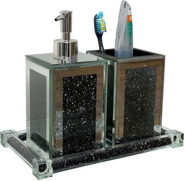 The appearance of Ambrose Exquisite 3 Piece Square Soap Dispenser And Toothbrush Holder With Tray BATHSETSQBTR1120 designed by Amazing Rugs in the modern / contemporary interior design. This black piece of furniture  was selected by 1StopBedrooms from Ambrose Collection to add a touch of cosiness and style into your home. Sku: BATHSETSQBTR1120. Material: Glass. Product Type: Decor. Image1