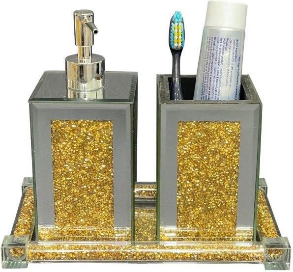 The appearance of Ambrose Exquisite 3 Piece Square Soap Dispenser And Toothbrush Holder With Tray BATHSETSQGTR1120 designed by Amazing Rugs in the modern / contemporary interior design. This gold piece of furniture  was selected by 1StopBedrooms from Ambrose Collection to add a touch of cosiness and style into your home. Sku: BATHSETSQGTR1120. Material: Glass. Product Type: Decor. Image1
