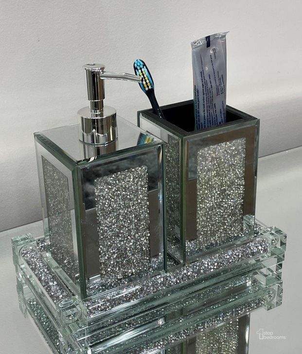 The appearance of Ambrose Exquisite 3 Piece Square Soap Dispenser And Toothbrush Holder With Tray BATHSETSQSTR1120 designed by Amazing Rugs in the modern / contemporary interior design. This silver piece of furniture  was selected by 1StopBedrooms from Ambrose Collection to add a touch of cosiness and style into your home. Sku: BATHSETSQSTR1120. Material: Glass. Product Type: Decor. Image1