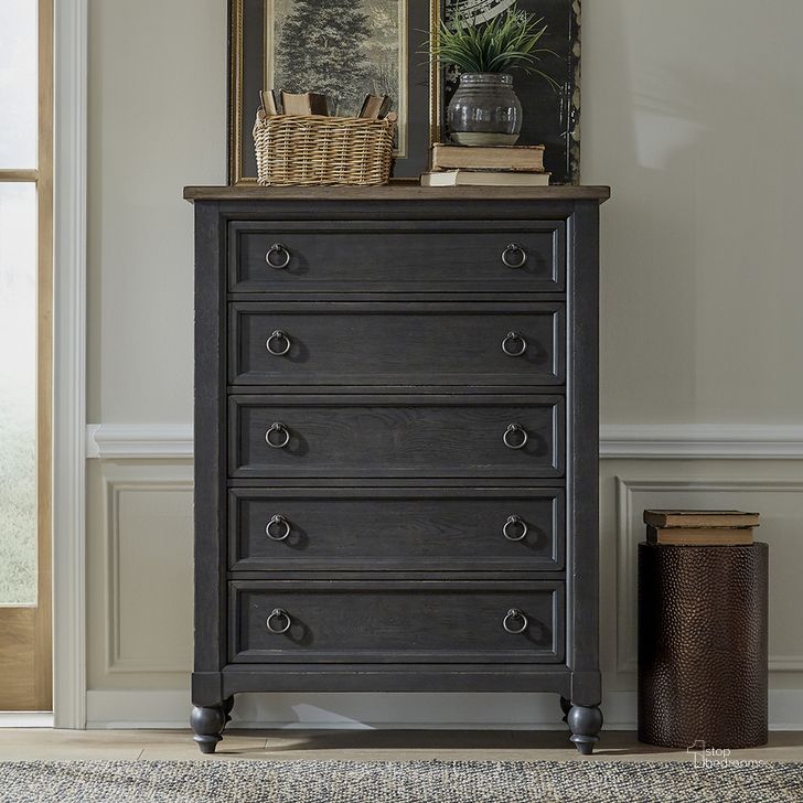 The appearance of Americana Farmhouse 5 Drawer Chest In Black designed by Liberty in the traditional interior design. This black piece of furniture  was selected by 1StopBedrooms from Americana Farmhouse Collection to add a touch of cosiness and style into your home. Sku: 615-BR41-B. Product Type: Chest. Material: Wood Veneer. Image1