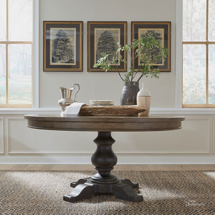 The appearance of Americana Farmhouse Opt Pedestal Table In Dusty Taupe and Black designed by Liberty in the traditional interior design. This taupe piece of furniture  was selected by 1StopBedrooms from Americana Farmhouse Collection to add a touch of cosiness and style into your home. Sku: 615-P6060-B;615-T6060. Table Base Style: Pedestal. Table Top Shape: Round. Product Type: Pedestal Table. Material: Rubberwood.
