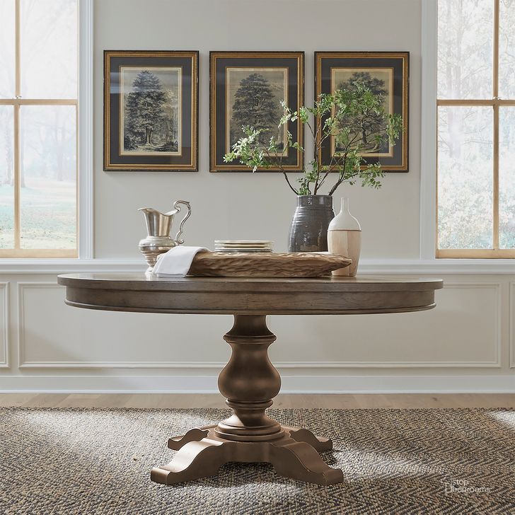 The appearance of Americana Farmhouse Pedestal Table Set In Dusty Taupe and Black designed by Liberty in the traditional interior design. This taupe piece of furniture  was selected by 1StopBedrooms from Americana Farmhouse Collection to add a touch of cosiness and style into your home. Sku: 615-P6060;615-T6060. Table Base Style: Pedestal. Table Top Shape: Oval. Product Type: Pedestal Table. Material: Rubberwood.
