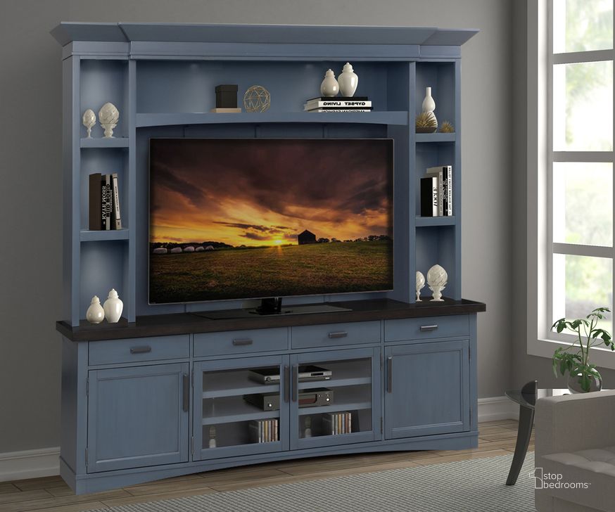 The appearance of Americana Modern 92 Inch TV Console With Hutch Back Panel and LED Lights In Blue designed by Parker House in the traditional interior design. This blue piece of furniture  was selected by 1StopBedrooms from Americana Modern Collection to add a touch of cosiness and style into your home. Sku: AME#92-DEN;AME#92BP-DEN;AME#92HB-DEN;AME#92HP-DEN. Product Type: TV Console. Material: Poplar. Image1