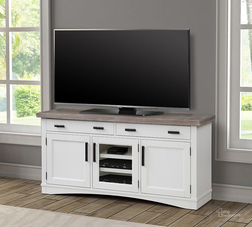 The appearance of Americana Modern Cotton 63 Inch TV Console designed by Parker House in the traditional interior design. This white and brown piece of furniture  was selected by 1StopBedrooms from Americana Modern Collection to add a touch of cosiness and style into your home. Sku: AME#63-COT. Product Type: TV Console. Image1