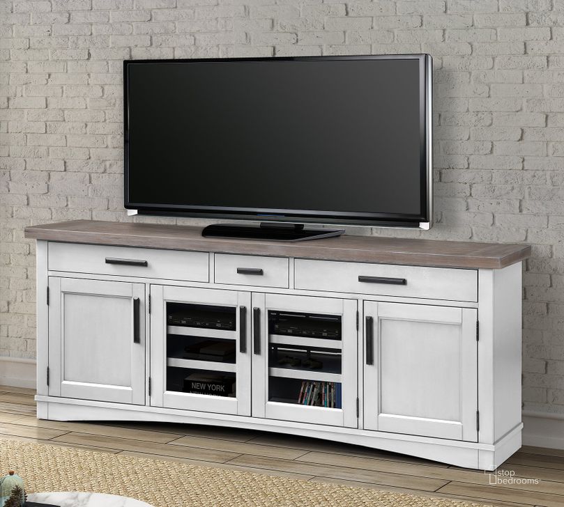 The appearance of Americana Modern Cotton 76 Inch TV Console designed by Parker House in the traditional interior design. This white and brown piece of furniture  was selected by 1StopBedrooms from Americana Modern Collection to add a touch of cosiness and style into your home. Sku: AME#76-COT. Product Type: TV Console. Image1