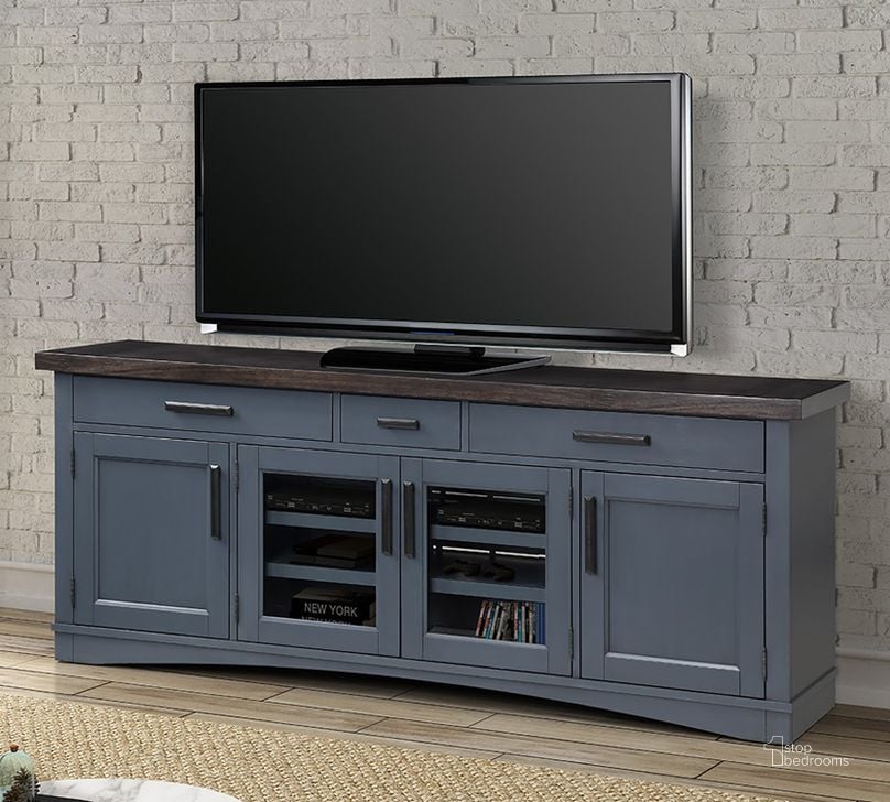 The appearance of Americana Modern Denim 76 Inch TV Console designed by Parker House in the transitional interior design. This brown and gray piece of furniture  was selected by 1StopBedrooms from Americana Modern Collection to add a touch of cosiness and style into your home. Sku: AME#76-DEN. Product Type: TV Console. Image1