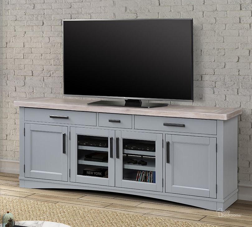 The appearance of Americana Modern Dove 76 Inch TV Console designed by Parker House in the transitional interior design. This gray and beige piece of furniture  was selected by 1StopBedrooms from Americana Modern Collection to add a touch of cosiness and style into your home. Sku: AME#76-DOV. Product Type: TV Console. Image1