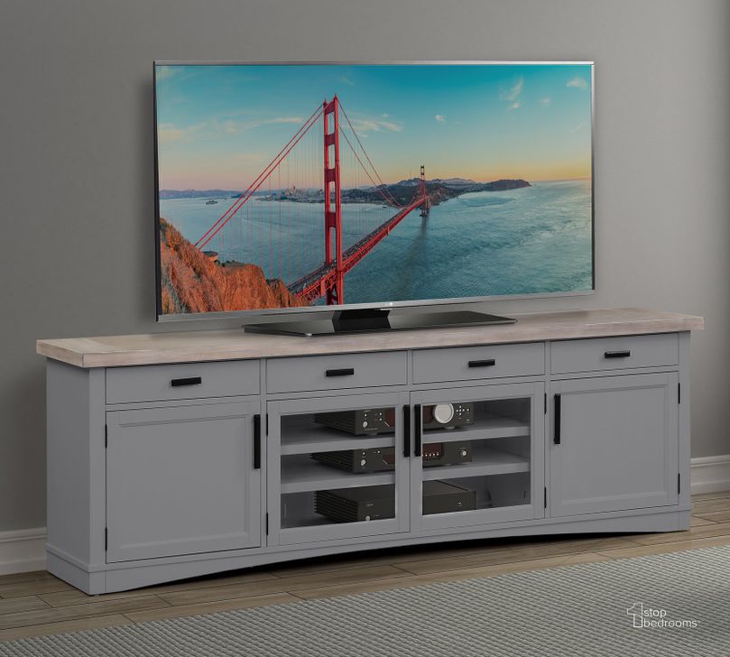 The appearance of Americana Modern Dove 92 Inch Tv Console designed by Parker House in the transitional interior design. This gray and beige piece of furniture  was selected by 1StopBedrooms from Americana Modern Collection to add a touch of cosiness and style into your home. Sku: AME#92-DOV. Product Type: TV Console. Image1