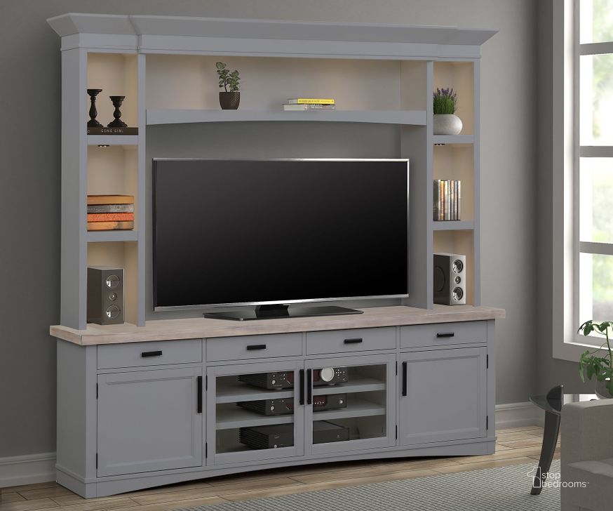 The appearance of Americana Modern Dove Entertainment Center designed by Parker House in the transitional interior design. This gray and beige piece of furniture  was selected by 1StopBedrooms from Americana Modern Collection to add a touch of cosiness and style into your home. Sku: AME#92-DOV;AME#92HB-DOV;AME#92HP-DOV. Product Type: Entertainment Unit. Image1