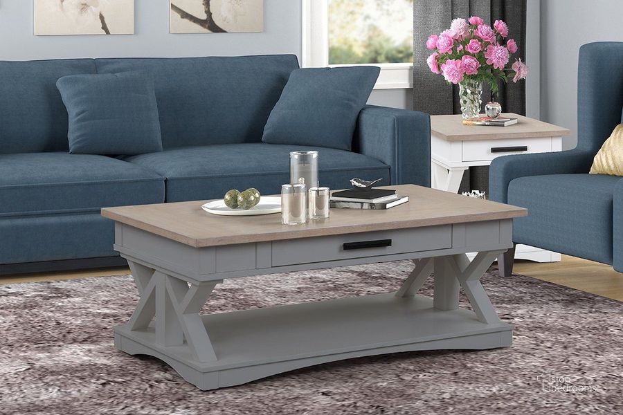 The appearance of Americana Modern Dove Occasional Table Set designed by Parker House in the transitional interior design. This gray and beige piece of furniture  was selected by 1StopBedrooms from Americana Modern Collection to add a touch of cosiness and style into your home. Sku: AME#01-DOV;AME#06-DOV. Product Type: Occasional Table Set. Image1