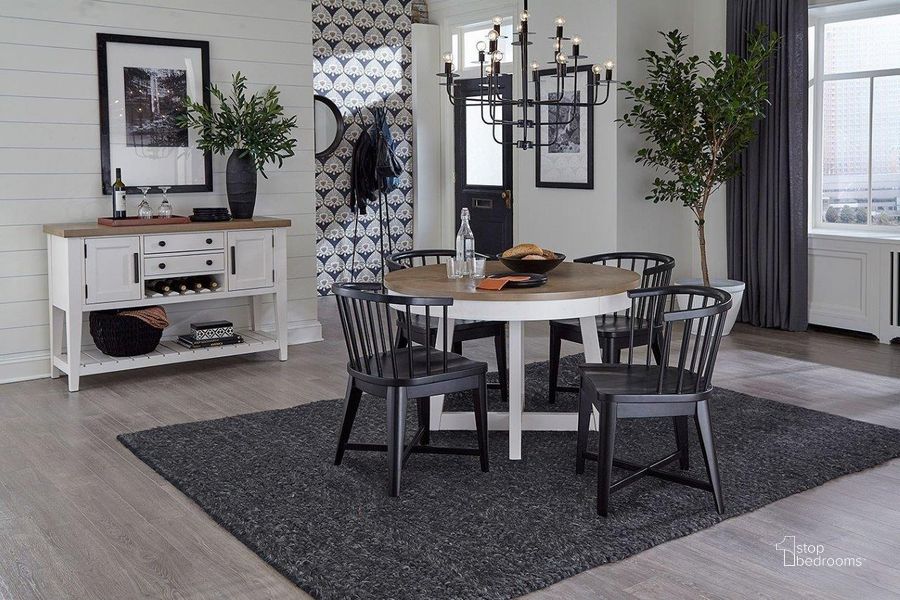 The appearance of Americana Modern Round Dining Room Set With Black Barrel Chairs designed by Parker House in the modern / contemporary interior design. This natural piece of furniture  was selected by 1StopBedrooms from Americana Modern Collection to add a touch of cosiness and style into your home. Sku: DAME#48RND-COT;DAME#2118-BLK. Table Base Style: Trestle. Table Top Shape: Round. Material: Wood. Product Type: Dining Room Set. Size: 48". Image1