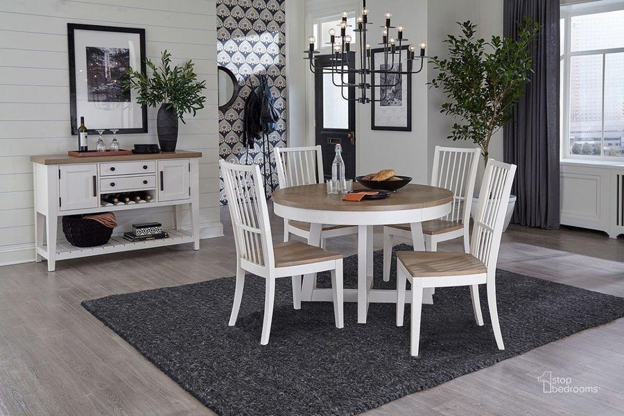 The appearance of Americana Modern Round Dining Room Set With Spindle Back Chairs designed by Parker House in the modern / contemporary interior design. This natural piece of furniture  was selected by 1StopBedrooms from Americana Modern Collection to add a touch of cosiness and style into your home. Sku: DAME#48RND-COT;DAME#2018-COT. Table Base Style: Trestle. Table Top Shape: Round. Material: Wood. Product Type: Dining Room Set. Size: 48". Image1