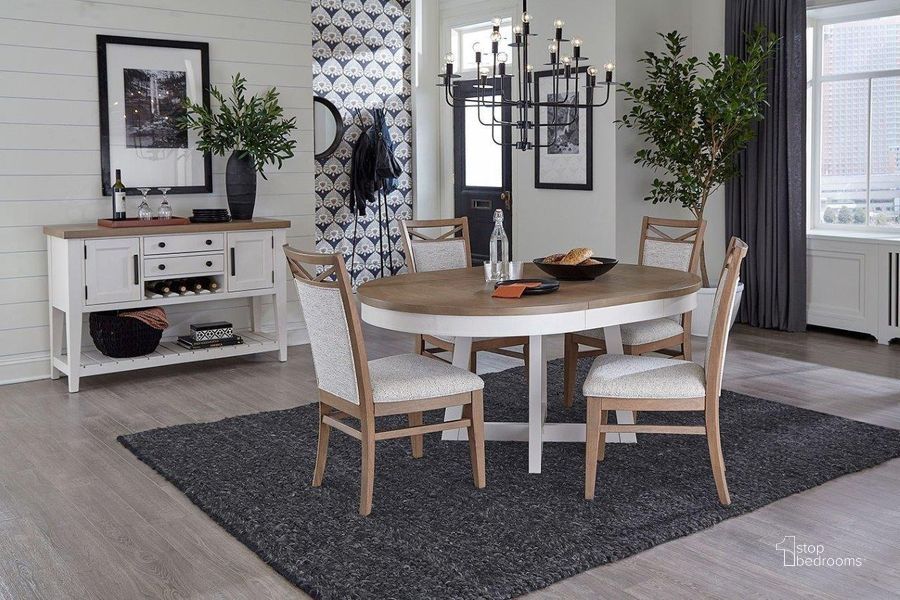 The appearance of Americana Modern Round Dining Room Set With Upholstered Chairs designed by Parker House in the modern / contemporary interior design. This natural piece of furniture  was selected by 1StopBedrooms from Americana Modern Collection to add a touch of cosiness and style into your home. Sku: DAME#48RND-COT;DAME#2218. Table Base Style: Trestle. Table Top Shape: Round. Material: Wood. Product Type: Dining Room Set. Size: 48". Image1