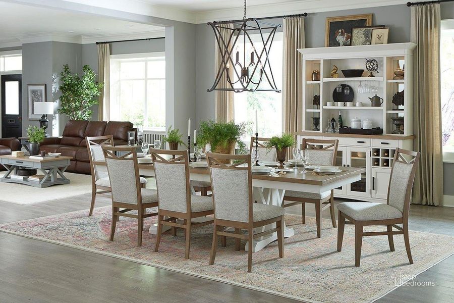 The appearance of Americana Modern Trestle Dining Room Set With Upholstered Chairs designed by Parker House in the modern / contemporary interior design. This natural piece of furniture  was selected by 1StopBedrooms from Americana Modern Collection to add a touch of cosiness and style into your home. Sku: DAME#88B-COT;DAME#88T-COT;DAME#2218. Table Base Style: Trestle. Material: Wood. Product Type: Dining Room Set. Table Top Shape: Rectangular. Size: 112". Image1