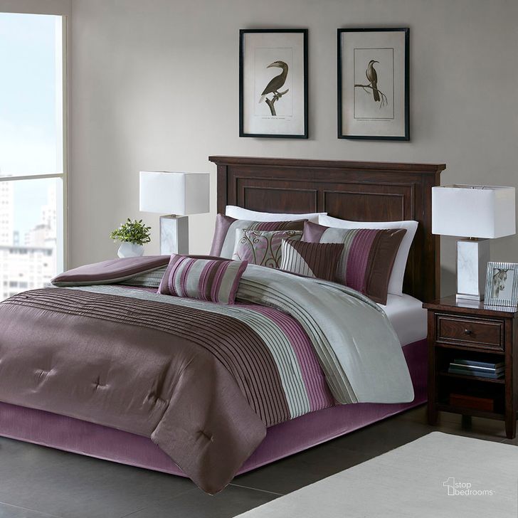 The appearance of Amherst Polyester Polyoni Jacquard 7 Pcs Queen Comforter Set In Purple designed by Olliix in the transitional interior design. This purple piece of furniture  was selected by 1StopBedrooms from Amherst Collection to add a touch of cosiness and style into your home. Sku: MP10-126. Material: Polyester. Bed Size: Queen. Product Type: Comforter Set. Image1