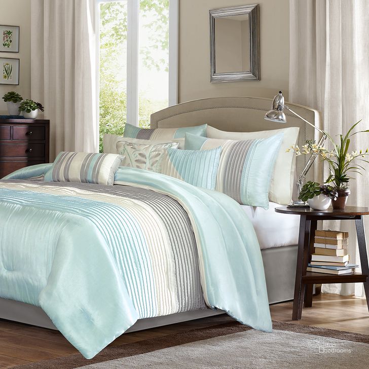 The appearance of Amherst Polyester Polyoni Pieced Pleated 7Pcs Queen Comforter Set In Aqua designed by Olliix in the transitional interior design. This aqua piece of furniture  was selected by 1StopBedrooms from Amherst Collection to add a touch of cosiness and style into your home. Sku: MP10-2979. Material: Polyester. Bed Size: Queen. Product Type: Comforter Set. Image1