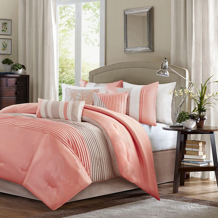 The appearance of Amherst Polyester Polyoni Pieced Pleated 7Pcs Queen Comforter Set In Coral designed by Olliix in the transitional interior design. This coral piece of furniture  was selected by 1StopBedrooms from Amherst Collection to add a touch of cosiness and style into your home. Sku: MP10-2320. Material: Polyester. Bed Size: Queen. Product Type: Comforter Set. Image1