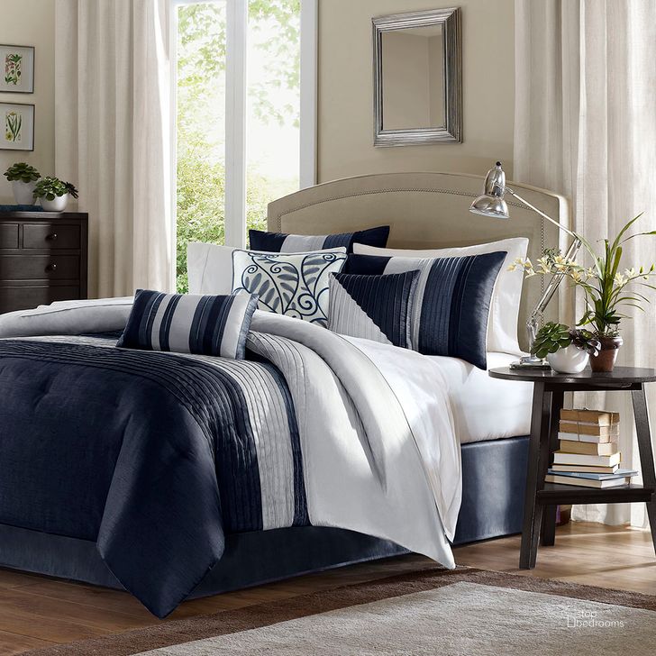 The appearance of Amherst Polyester Polyoni Pieced Pleated 7Pcs Queen Comforter Set In Navy designed by Olliix in the transitional interior design. This navy piece of furniture  was selected by 1StopBedrooms from Amherst Collection to add a touch of cosiness and style into your home. Sku: MP10-2207. Material: Polyester. Bed Size: Queen. Product Type: Comforter Set. Image1
