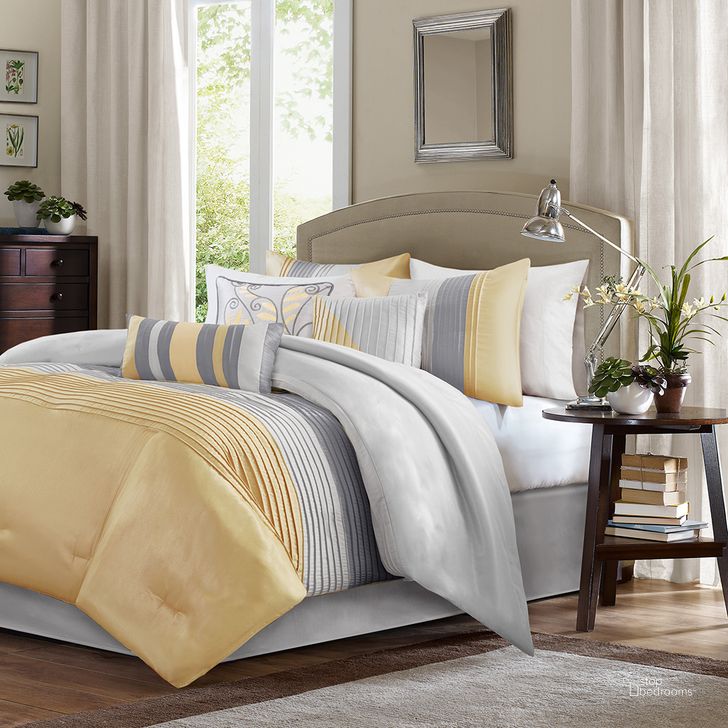 The appearance of Amherst Polyester Polyoni Pieced Pleated 7Pcs Queen Comforter Set In Yellow designed by Olliix in the transitional interior design. This yellow piece of furniture  was selected by 1StopBedrooms from Amherst Collection to add a touch of cosiness and style into your home. Sku: MP10-2448. Material: Polyester. Bed Size: Queen. Product Type: Comforter Set. Image1