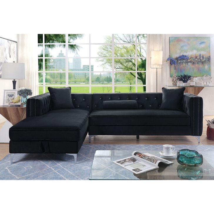 The appearance of Amie Sectional In Black designed by Furniture of America in the glam interior design. This black piece of furniture  was selected by 1StopBedrooms from Amie Collection to add a touch of cosiness and style into your home. Sku: CM6652BK-RLV;CM6652BK-LCE. Material: Wood. Product Type: Sectional.