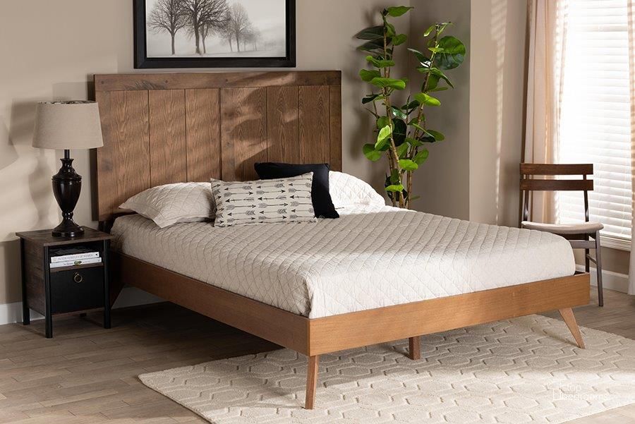 The appearance of Amira Mid-Century Modern Transitional Ash Walnut Finished Wood Queen Size Platform Bed designed by Baxton Studio in the transitional interior design. This ash walnut piece of furniture  was selected by 1StopBedrooms from Amira Collection to add a touch of cosiness and style into your home. Sku: Amira-Ash Walnut-Queen. Bed Type: Platform Bed. Product Type: Platform Bed. Bed Size: Queen. Material: Rubberwood. Image1
