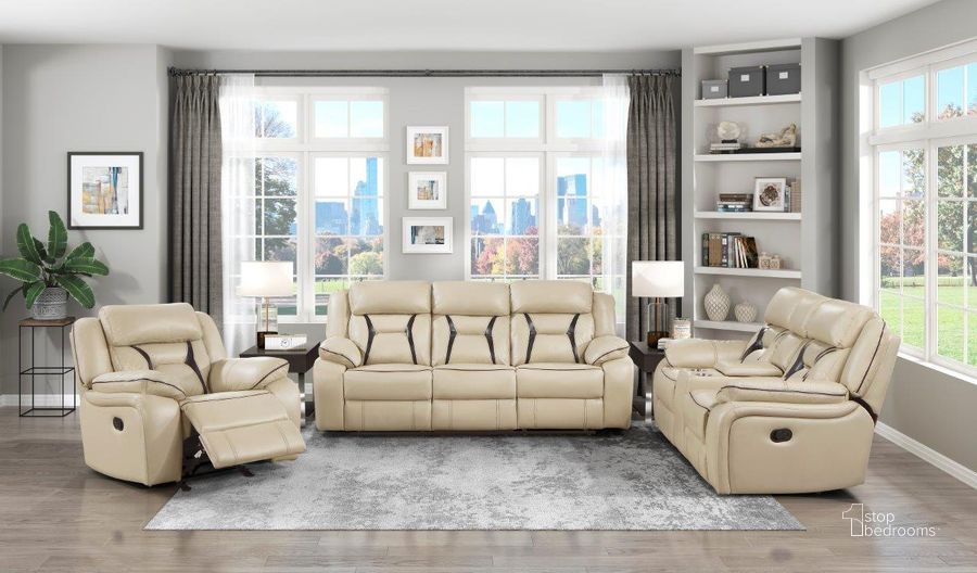 The appearance of Amite Beige Double Reclining Living Room Set designed by Homelegance in the modern / contemporary interior design. This beige piece of furniture  was selected by 1StopBedrooms from Amite Collection to add a touch of cosiness and style into your home. Sku: 8229NBE-3;8229NBE-2. Material: Faux Leather. Product Type: Living Room Set. Image1