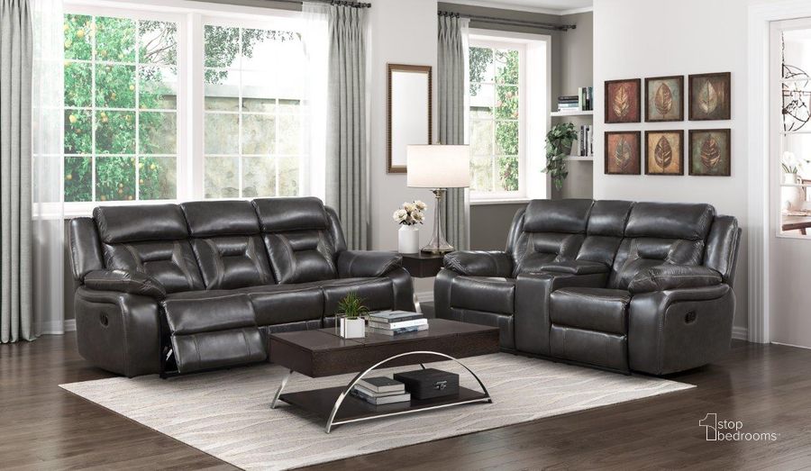 The appearance of Amite Dark Gray Double Reclining Living Room Set designed by Homelegance in the modern / contemporary interior design. This gray piece of furniture  was selected by 1StopBedrooms from Amite Collection to add a touch of cosiness and style into your home. Sku: 8229NDG-3;8229NDG-2. Material: Faux Leather. Product Type: Living Room Set. Image1