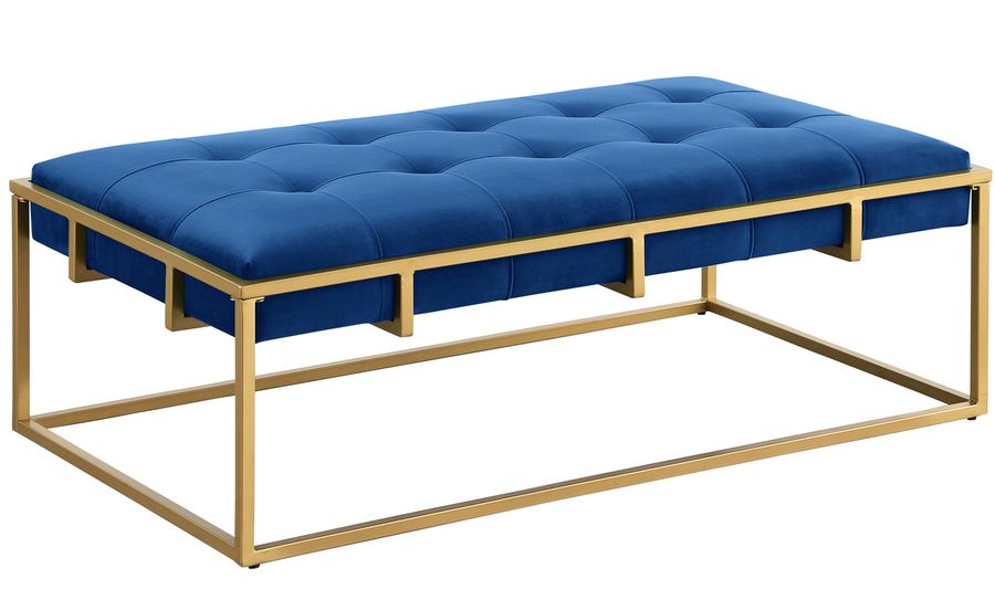 The appearance of Amoria Navy Rectangle Ottoman In Brushed Gold designed by Best Master Furniture in the cabin / lodge interior design. This navy piece of furniture  was selected by 1StopBedrooms from Amoria Collection to add a touch of cosiness and style into your home. Sku: A807NG. Product Type: Ottoman. Material: Velvet. Image1