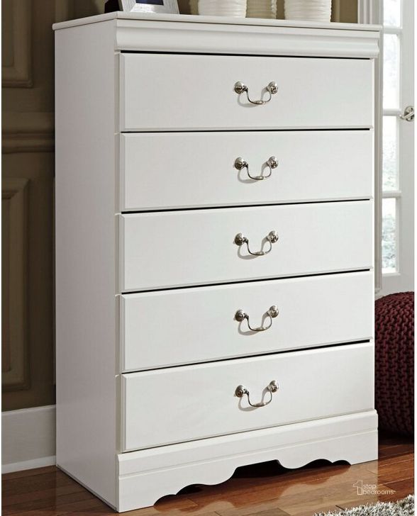 The appearance of Anarasia White 5 Drawer Chest designed by Signature Design by Ashley in the modern / contemporary interior design. This white piece of furniture  was selected by 1StopBedrooms from Anarasia Collection to add a touch of cosiness and style into your home. Sku: B129-46. Material: Wood. Product Type: Chest. Image1