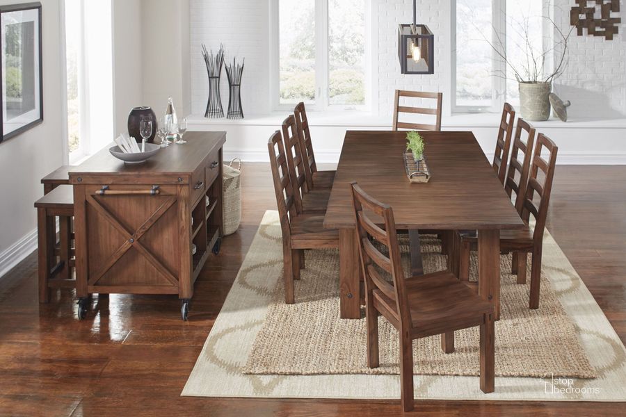 The appearance of Anacortes Mahogany 105" Extendable Rectangular Trestle Dining Room Set designed by A-America in the transitional interior design. This brown piece of furniture  was selected by 1StopBedrooms from Anacortes Collection to add a touch of cosiness and style into your home. Sku: ANASM6300;ANASM2552. Table Base Style: Trestle. Material: Wood. Product Type: Dining Room Set. Table Top Shape: Rectangular. Image1