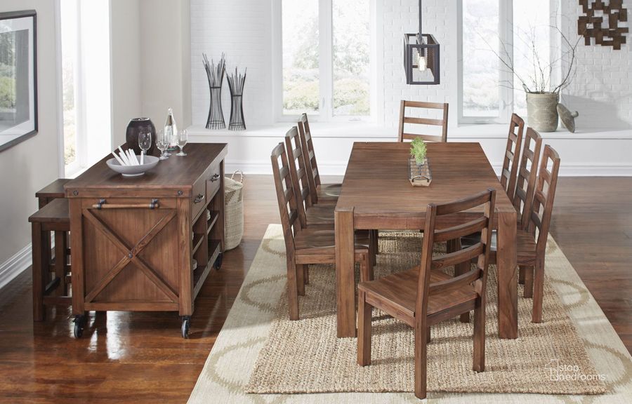 The appearance of Anacortes Mahogany 90" Extendable Rectangular Leg Dining Room Set designed by A-America in the transitional interior design. This brown piece of furniture  was selected by 1StopBedrooms from Anacortes Collection to add a touch of cosiness and style into your home. Sku: ANASM6340;ANASM2552. Table Base Style: Legs. Material: Wood. Product Type: Dining Room Set. Table Top Shape: Rectangular. Image1