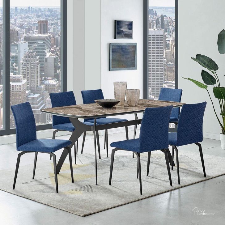 The appearance of Andes and Lyon Blue Fabric Rectangular Dining Room Set designed by Armen Living in the transitional interior design. This blue piece of furniture  was selected by 1StopBedrooms from Andes Collection to add a touch of cosiness and style into your home. Sku: LCANDIGRTOP;LCANDIGRBASE;LCLYSIBLUE. Table Base Style: Trestle. Material: Metal. Product Type: Dining Room Set. Table Top Shape: Rectangular. Size: 70". Image1