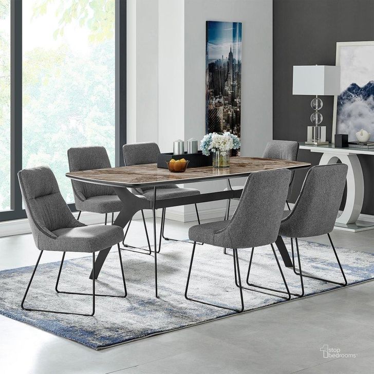 The appearance of Andes and Quartz Gray Fabric Rectangular Dining Room Set designed by Armen Living in the transitional interior design. This beige piece of furniture  was selected by 1StopBedrooms from Andes Collection to add a touch of cosiness and style into your home. Sku: LCANDIGRTOP;LCANDIGRBASE;LCQRSIGR. Table Base Style: Trestle. Product Type: Dining Room Set. Table Top Shape: Rectangular. Material: Stainless Steel. Size: 70". Image1