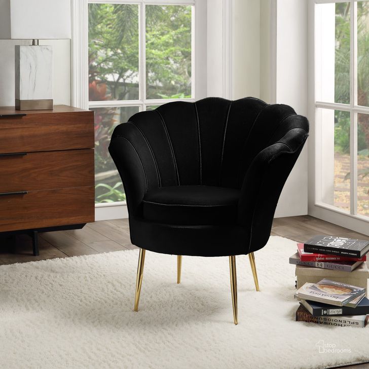 The appearance of Angelina Black Velvet Scalloped Back Barrel Accent Chair With Metal Legs designed by Lilola Home in the modern / contemporary interior design. This black piece of furniture  was selected by 1StopBedrooms from Angelina Collection to add a touch of cosiness and style into your home. Sku: 88881. Material: Metal. Product Type: Accent Chair. Image1