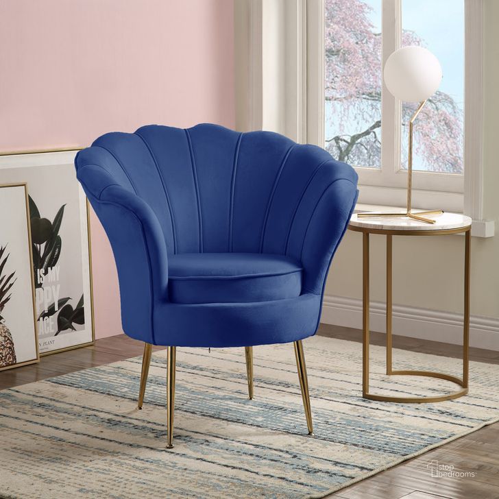 The appearance of Angelina Blue Velvet Scalloped Back Barrel Accent Chair With Metal Legs designed by Lilola Home in the modern / contemporary interior design. This blue piece of furniture  was selected by 1StopBedrooms from Angelina Collection to add a touch of cosiness and style into your home. Sku: 88880BE. Material: Metal. Product Type: Accent Chair. Image1