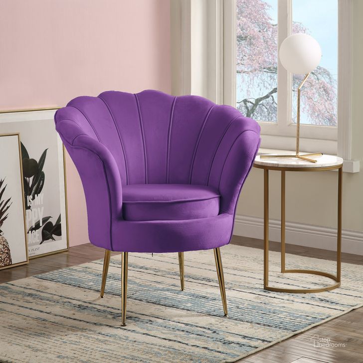 The appearance of Angelina Purple Velvet Scalloped Back Barrel Accent Chair With Metal Legs designed by Lilola Home in the modern / contemporary interior design. This purple piece of furniture  was selected by 1StopBedrooms from Angelina Collection to add a touch of cosiness and style into your home. Sku: 88880PE. Material: Metal. Product Type: Accent Chair. Image1
