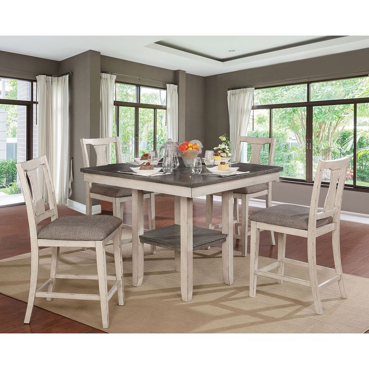 The appearance of Ann 5 Piece Counter Height Table Set In Antique White and Gray designed by Furniture of America in the rustic / southwestern interior design. This antique white and gray piece of furniture  was selected by 1StopBedrooms from Ann Collection to add a touch of cosiness and style into your home. Sku: CM3752PT-5PK. Material: Wood. Product Type: Dining Room Set.