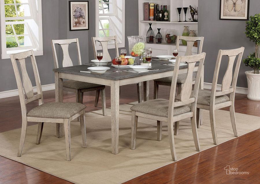 The appearance of Ann 7 Piece Dining Table Set In Antique White and Gray designed by Furniture of America in the rustic / southwestern interior design. This antique white and gray piece of furniture  was selected by 1StopBedrooms from Ann Collection to add a touch of cosiness and style into your home. Sku: CM3752T-7PK. Material: Wood. Product Type: Dining Room Set.