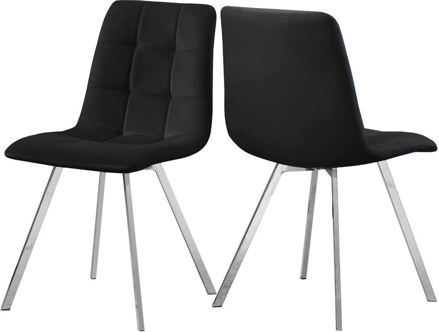 The appearance of Annie Black Velvet Dining Chair Set of 2 designed by Meridian in the modern / contemporary interior design. This black velvet piece of furniture  was selected by 1StopBedrooms from Annie Collection to add a touch of cosiness and style into your home. Sku: 980Black-C. Product Type: Dining Chair. Material: Velvet. Image1