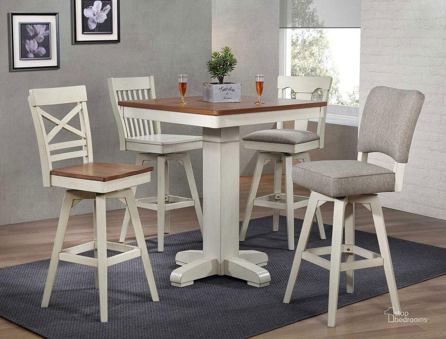 The appearance of Antique White Pub Table Set designed by ECI in the transitional interior design. This antique white piece of furniture  was selected by 1StopBedrooms from Choices Collection to add a touch of cosiness and style into your home. Sku: 0736-20-T;0736-20-ADPB;0738-20-CS1. Material: Wood. Product Type: Bistro and Bar Table Set. Image1