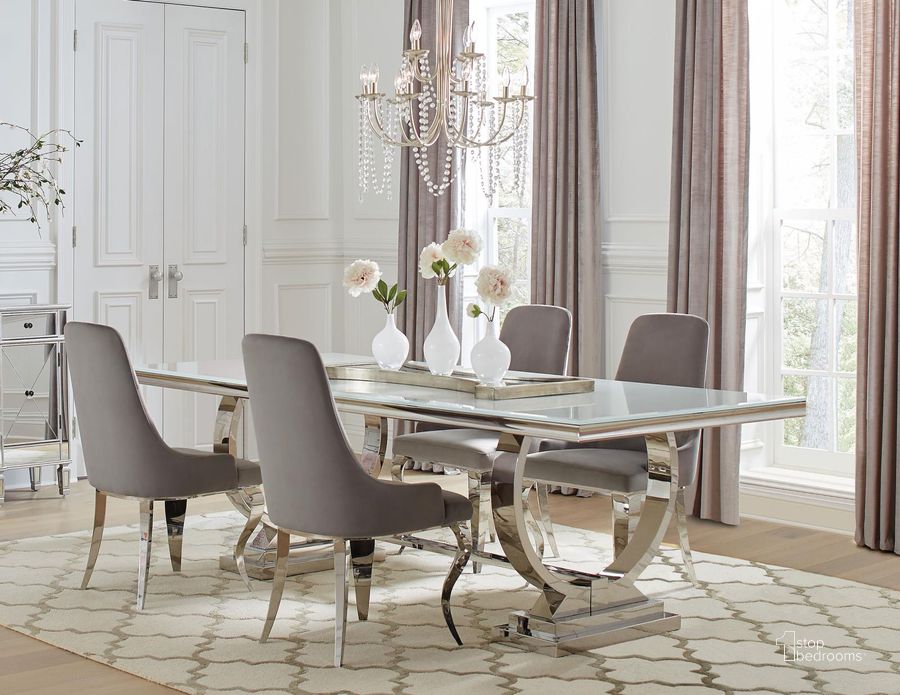 The appearance of Antoine Clear Chrome Dining Room Set designed by Coaster in the modern / contemporary interior design. This chrome piece of furniture  was selected by 1StopBedrooms from Antoine Collection to add a touch of cosiness and style into your home. Sku: 108811B1;108811B2;108811B3;108812. Table Base Style: Double Pedestal. Material: Steel. Product Type: Dining Room Set. Table Top Shape: Rectangular. Image1